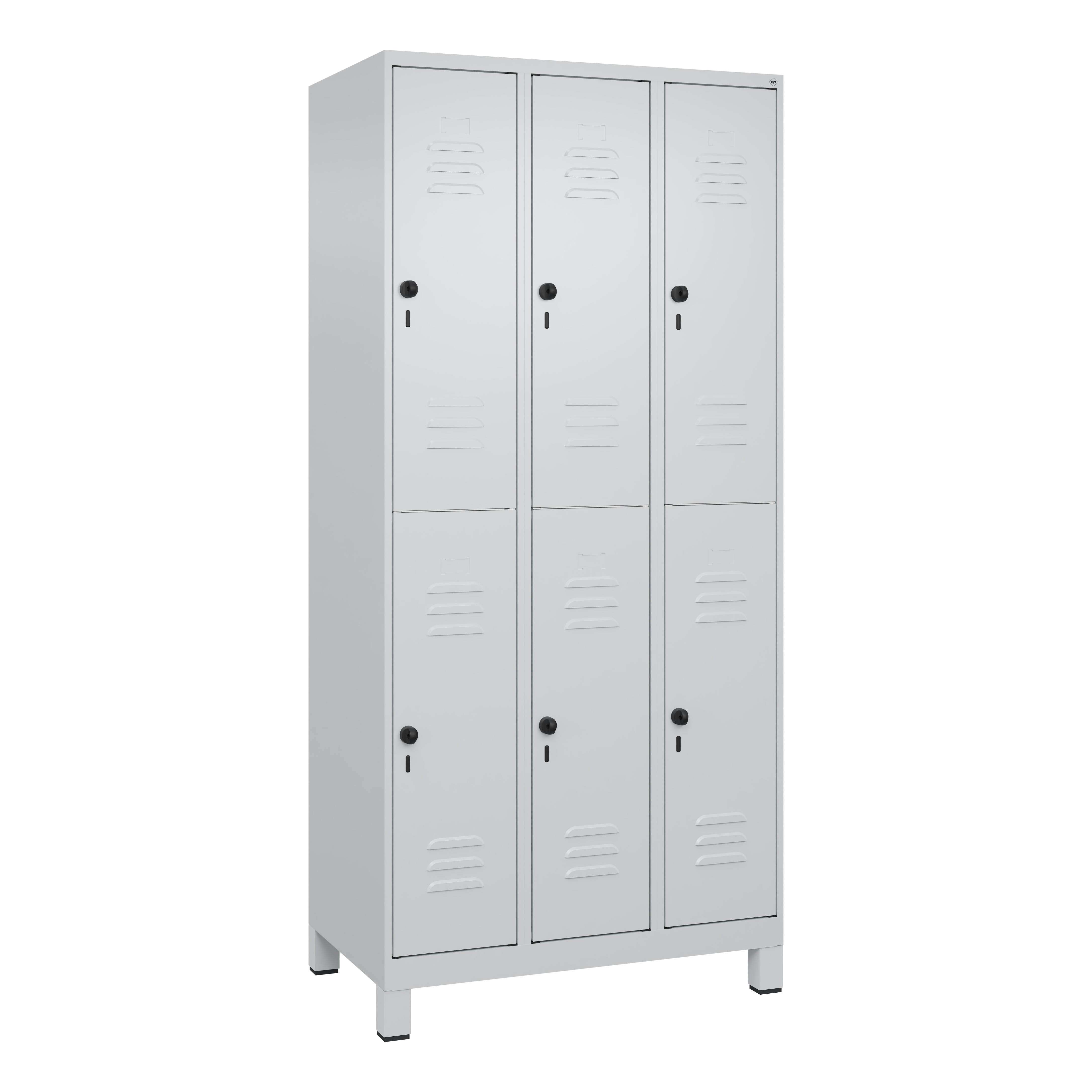 C+P Doppel-Garderobenschrank „Classic Plus“, Abteilbreite 30 cm, mit Füßen, Lichtgrau (RAL 7035), 195x90x50 cm/ 6 Fächer