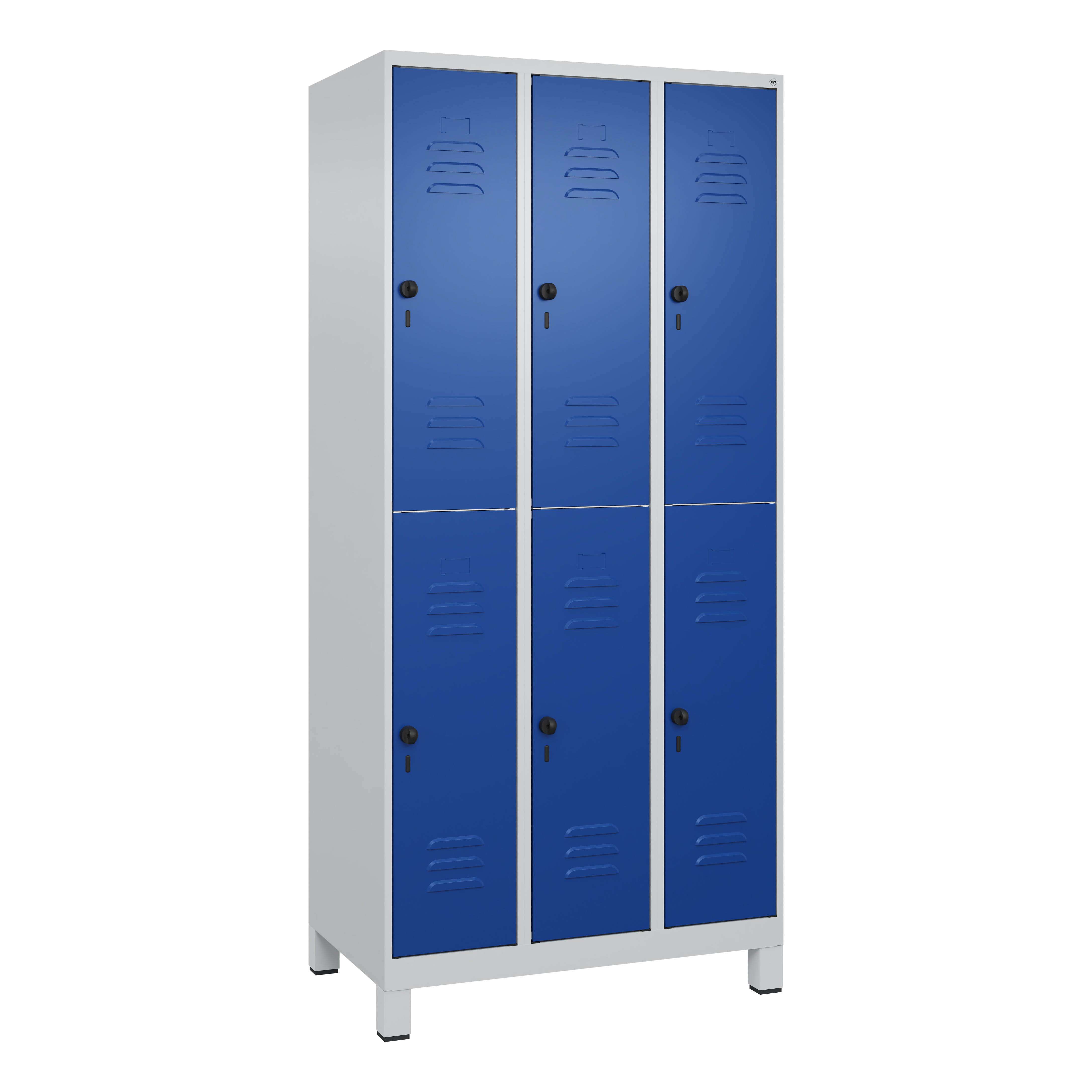 C+P Doppel-Garderobenschrank „Classic Plus“, Abteilbreite 30 cm, mit Füßen, Enzianblau (RAL 5010), 195x90x50 cm/ 6 Fächer