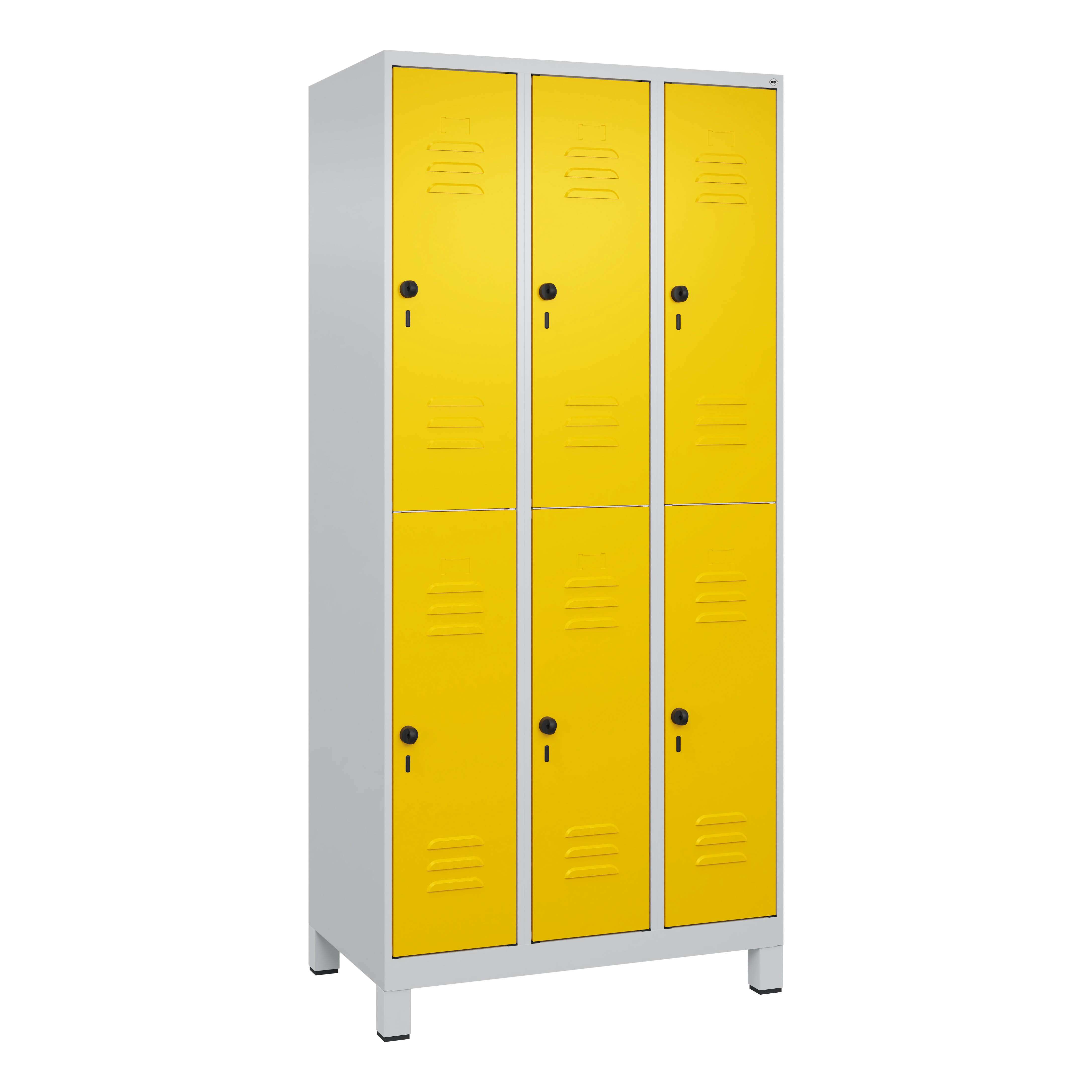 C+P Doppel-Garderobenschrank „Classic Plus“, Abteilbreite 30 cm, mit Füßen, Verkehrsgelb (RAL 1023), 195x90x50 cm/ 6 Fächer