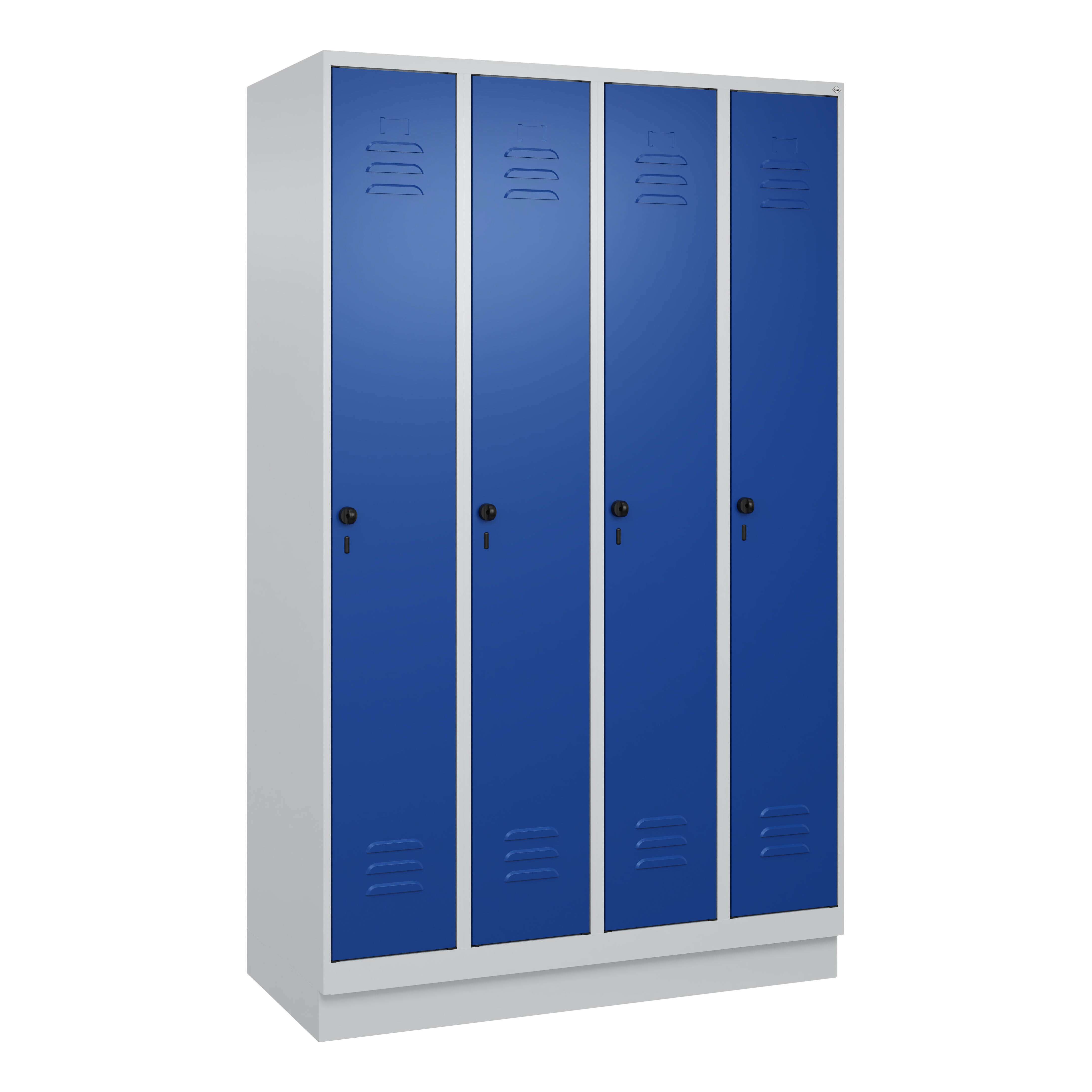 C+P Garderobenschrank „Classic Plus“, Abteilbreite 30 cm, mit Sockel, Enzianblau (RAL 5010), 195x120x50 cm/ 4 Fächer