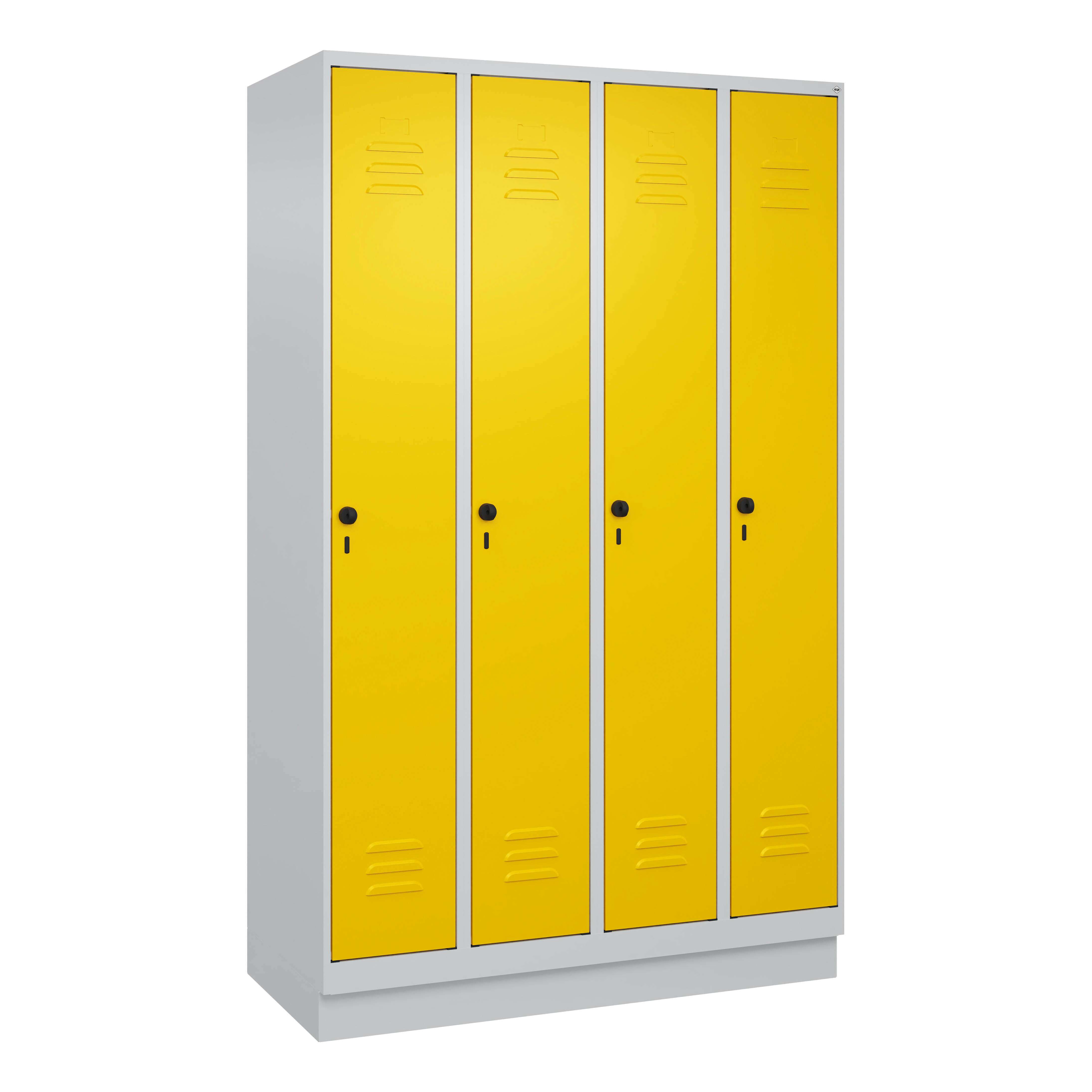 C+P Garderobenschrank „Classic Plus“, Abteilbreite 30 cm, mit Sockel, Verkehrsgelb (RAL 1023), 195x120x50 cm/ 4 Fächer