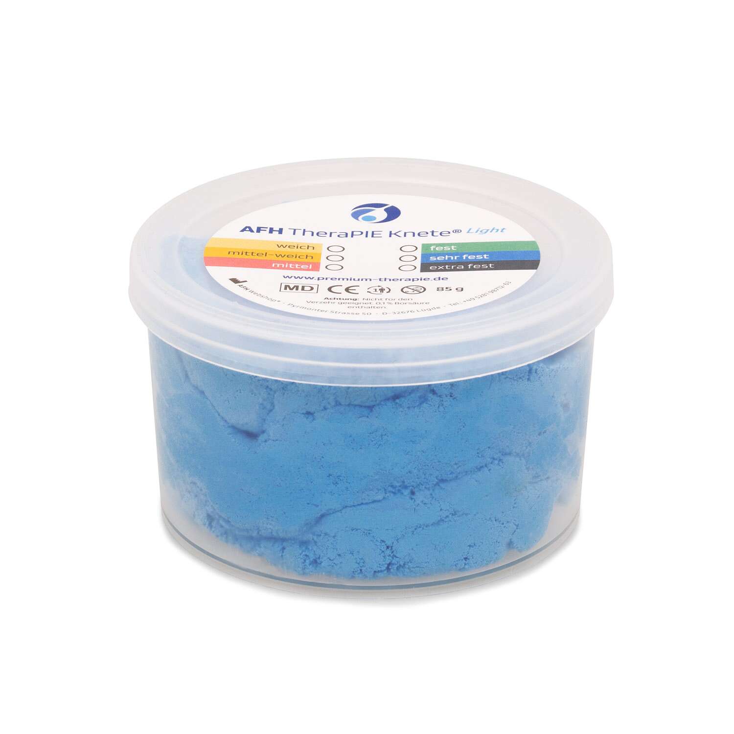 AFH Webshop Therapieknete „Light“, Blau, sehr fest, 8,5×8,5×4 cm, 85 g