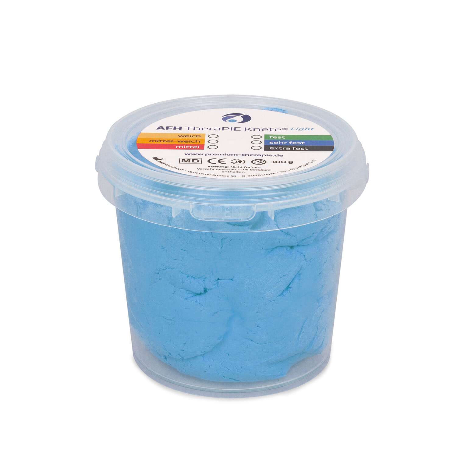 AFH Webshop Therapieknete „Light“, Blau, sehr fest, 12x12x11 cm, 300 g