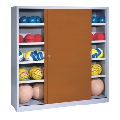 Ballschrank, HxBxT 195x190x60 cm, mit Vollblech-Schiebetüren (Typ 4) Sienarot (RDS 050 40 50), Lichtgrau (RAL 7035)
