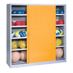Ballschrank, HxBxT 195x190x60 cm, mit Vollblech-Schiebetüren (Typ 4) Gelborange (RAL 2000), Lichtgrau (RAL 7035)