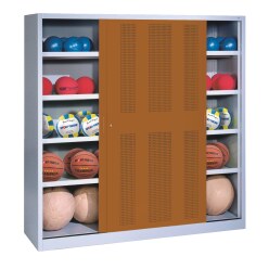 Ballschrank, HxBxT 195x190x60 cm, mit Lochblech-Schiebetüren (Typ 4) Sienarot (RDS 050 40 50), Lichtgrau (RAL 7035)