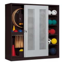 C+P Sportgeräteschrank mit Lochblech-Schiebetüren (Typ 5), HxBxT 195x190x60 cm Verkehrsgelb (RAL 1023), Lichtgrau (RAL 7035), Einzelschließung