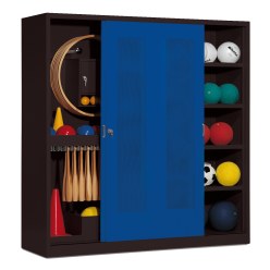 C+P Sportgeräteschrank mit Lochblech-Schiebetüren (Typ 5), HxBxT 195x190x60 cm Lichtgrau (RAL 7035), Anthrazit (RAL 7021), Gleichschließung