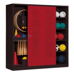 C+P Sportgeräteschrank mit Lochblech-Schiebetüren (Typ 5), HxBxT 195x190x60 cm Enzianblau (RAL 5010), Lichtgrau (RAL 7035), Gleichschließung