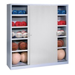 C+P Ballschrank mit Vollblech-Schiebetüren (Typ 4), HxBxT 195x120x50 cm Enzianblau (RAL 5010), Lichtgrau (RAL 7035), Gleichschließung