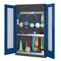 Modul-Redskabsskab med elementer til indretning, HxBxD: 195x120x50 cm, med hullede stålplade-låger