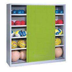 C+P Ballschrank mit Vollblech-Schiebetüren (Typ 4), HxBxT 195x120x50 cm Clowngrün (RAL 110 80 60), Lichtgrau (RAL 7035), Gleichschließung