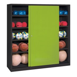 C+P Ballschrank mit Vollblech-Schiebetüren (Typ 4), HxBxT 195x120x50 cm Clowngrün (RAL 110 80 60), Anthrazit (RAL 7021), Gleichschließung